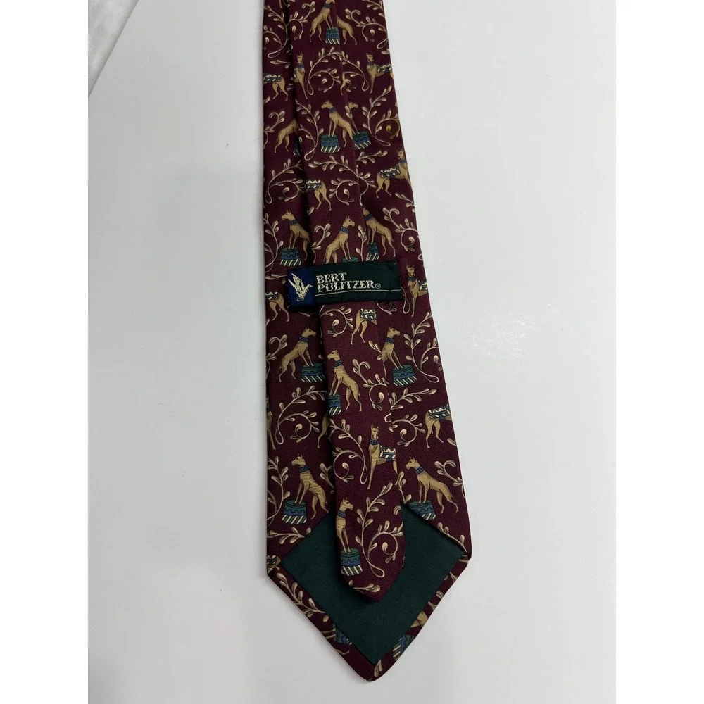 Vintage Bert Pulitzer Tie Mens OS Burgundy Greyhound Dog Circus Silk Novelty A60